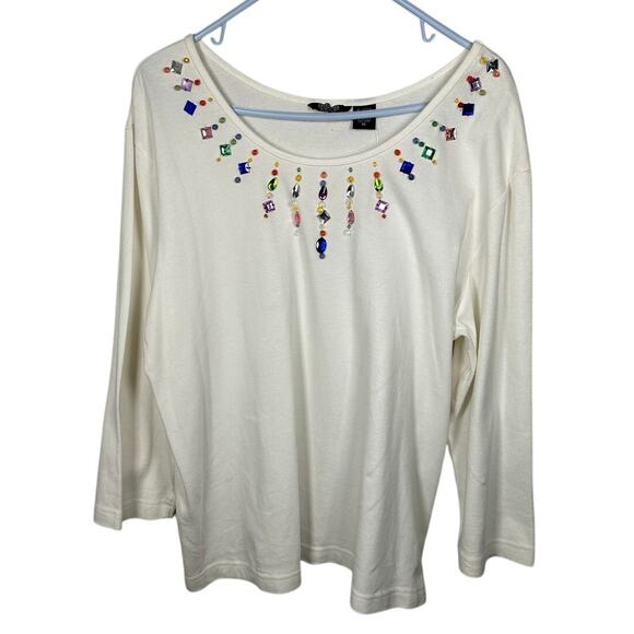 NWT Moka Sport White Rainbow Jeweled Rhinestone Cotton Blend Top Women's XL - Picture 1 of 7